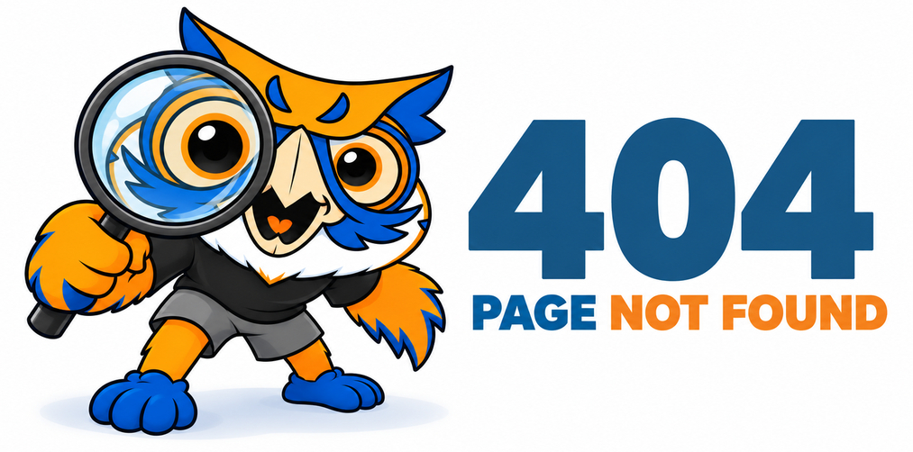 citrus college owl mascot holding a magnifying glass beside 404 page not found text